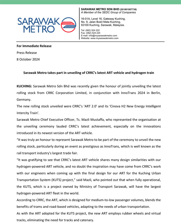 Sarawak Metro takes part in unveiling of CRRC’s latest ART vehicle and hydrogen train