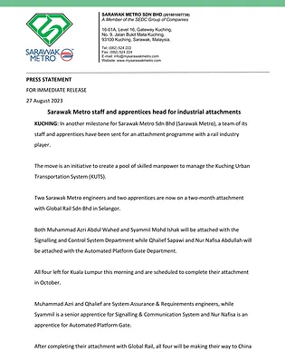 Sarawak Metro staff and apprentices head for industrial attachments