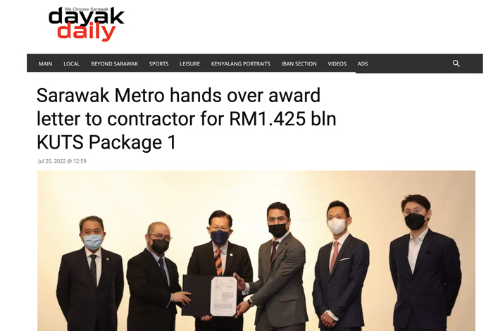 Sarawak Metro hands over award letter to contractor for RM1.425 bln KUTS Package 1