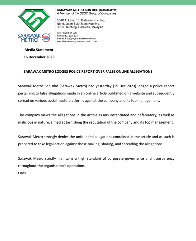 Sarawak Metro Lodges Police Report Over False Online Allegations