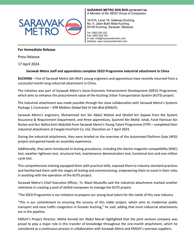Sarawak Metro staff and apprentices complete SEED Programme industrial attachment in China