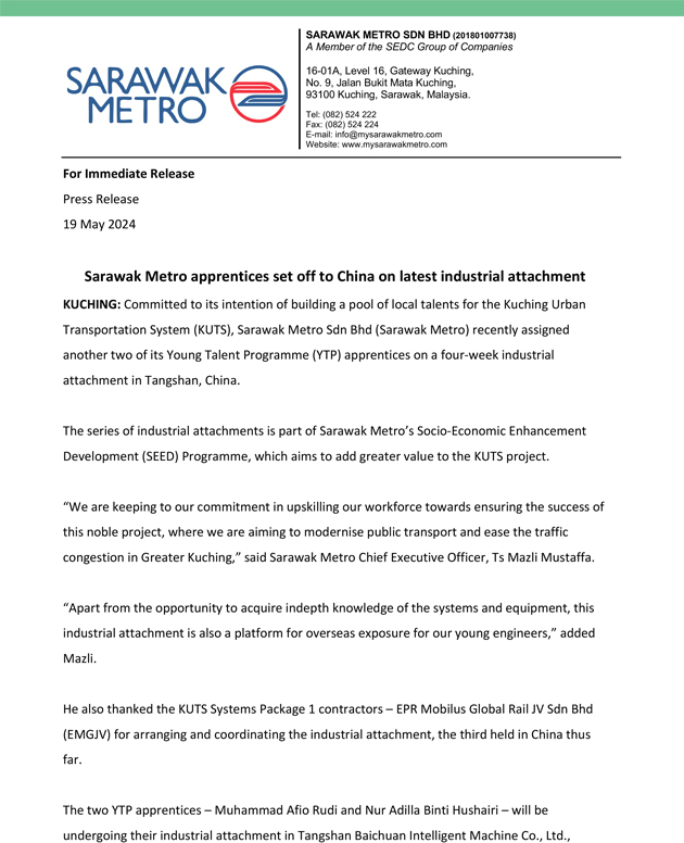 Sarawak Metro apprentices set off to China on latest industrial attachment