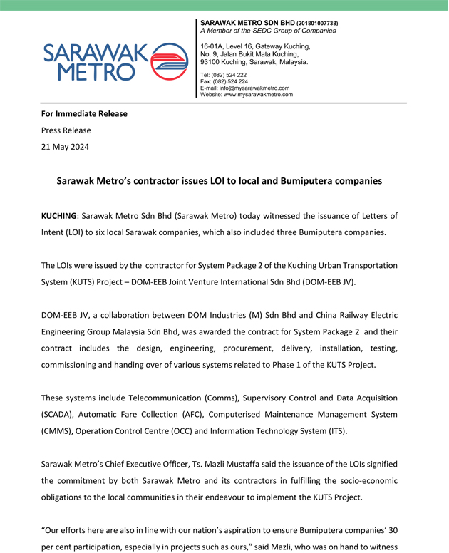 Sarawak Metro’s contractor issues LOI to local and Bumiputera companies