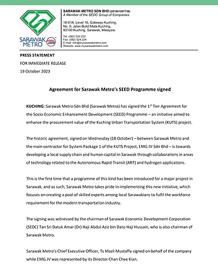 Agreement for Sarawak Metro’s SEED Programme signed