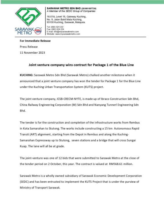 Joint venture company wins contract for Package 1 of the Blue Line