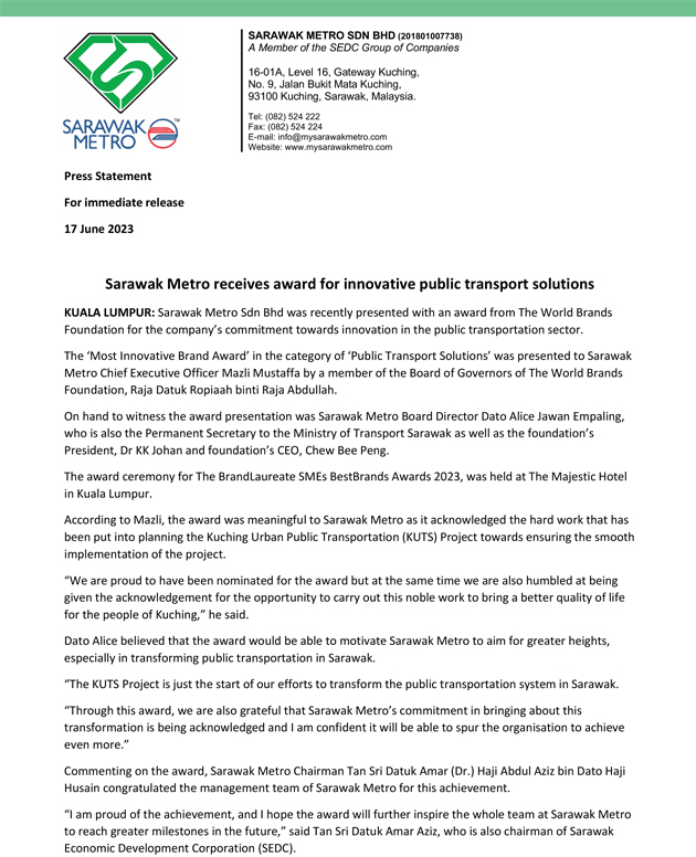 Sarawak Metro receives award for innovative public transport solutions