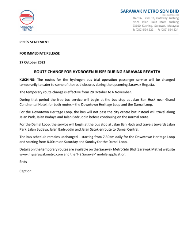 Route Change for Hydrogen Buses During Sarawak Regatta