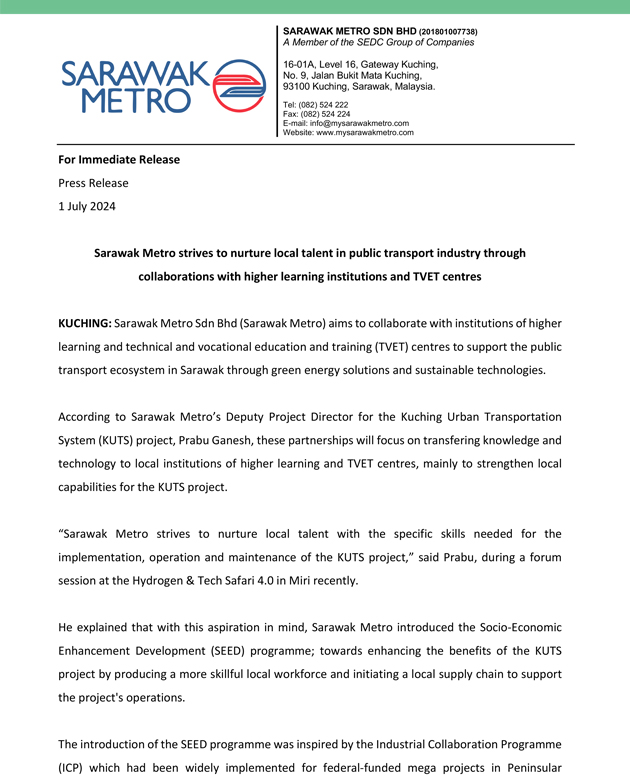 Sarawak Metro strives to nurture local talent in public transport industry through collaborations with higher learning institutions and TVET centres