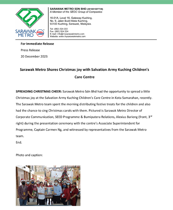 Sarawak Metro Shares Christmas joy with Salvation Army Kuching Children’s Care Centre
