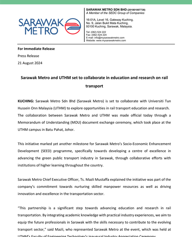 Sarawak Metro and UTHM set to collaborate in education and research on rail transport