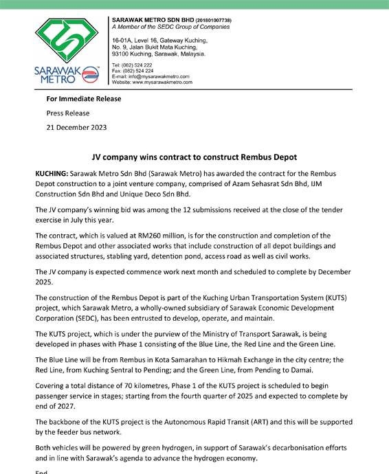 JV company wins contract to construct Rembus Depot