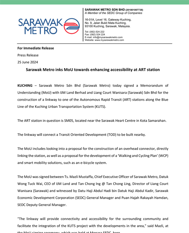Sarawak Metro inks MoU towards enhancing accessibility at ART station