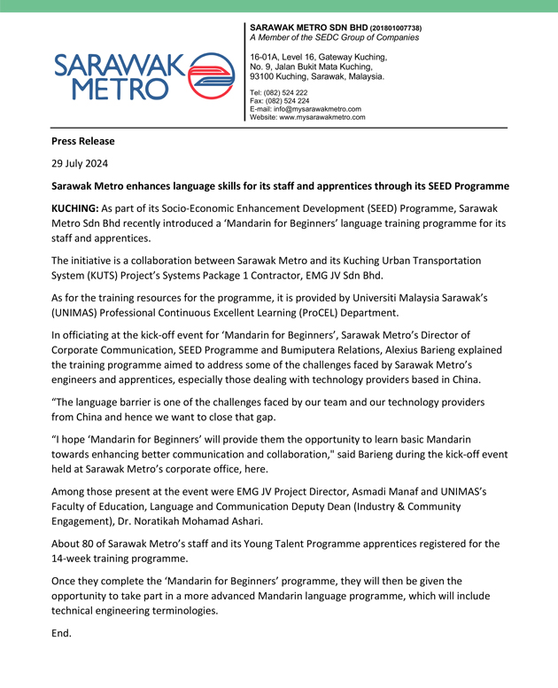 Sarawak Metro enhances language skills for its staff and apprentices through its SEED Programme 
