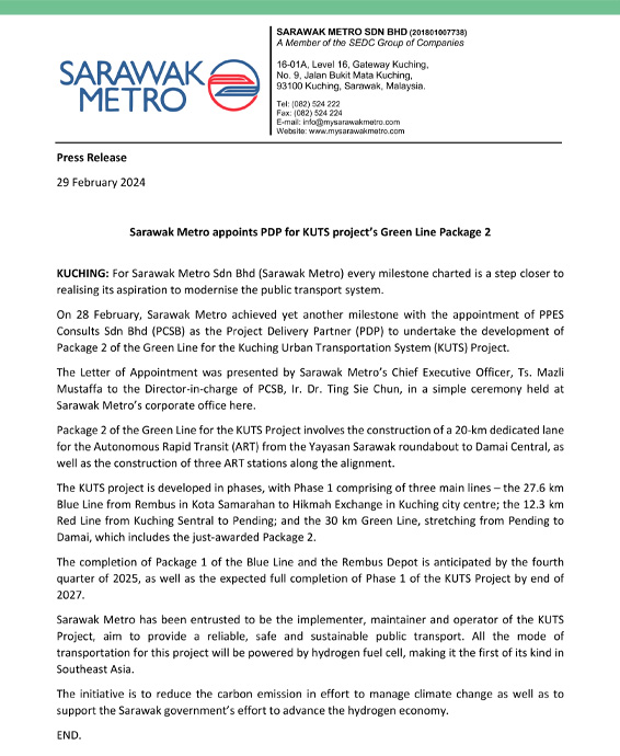 Sarawak Metro appoints PDP for KUTS project’s Green Line Package 2