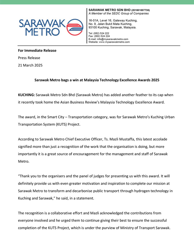 Sarawak Metro bags a win at Malaysia Technology Excellence Awards 2025