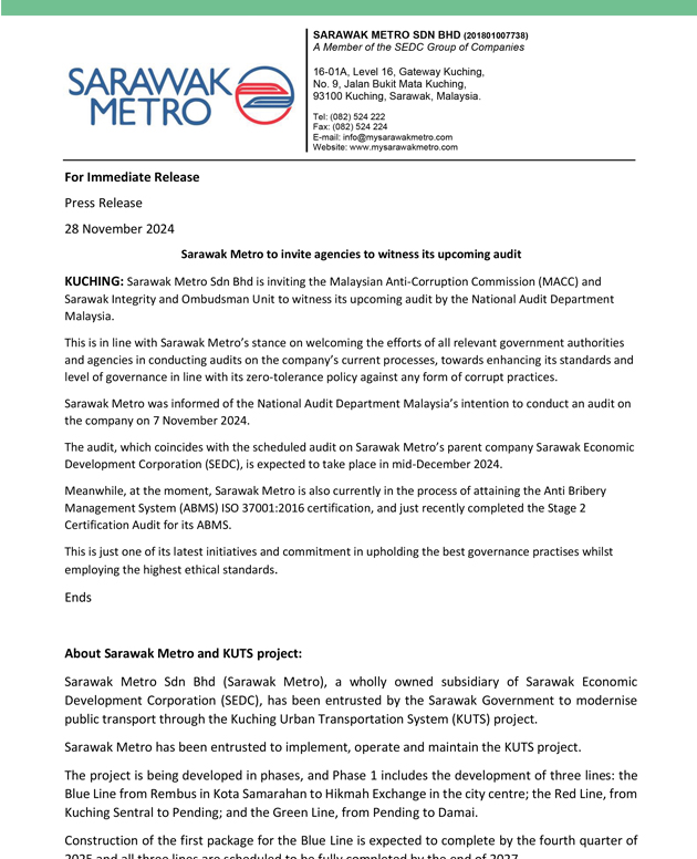 Sarawak Metro to invite agencies to witness its upcoming audit