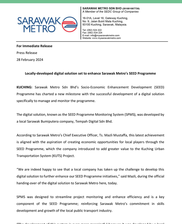 Locally-developed digital solution set to enhance Sarawak Metro’s SEED Programme