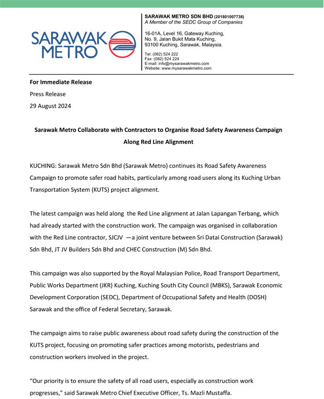 Sarawak Metro Collaborate with Contractors to Organise Road Safety Awareness Campaign Along Red Line Alignment