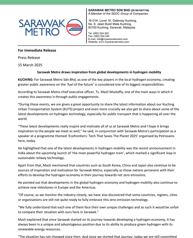 Sarawak Metro draws inspiration from global developments in hydrogen mobility