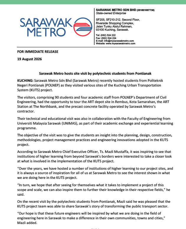Sarawak Metro hosts site visit by polytechnic students from Pontianak