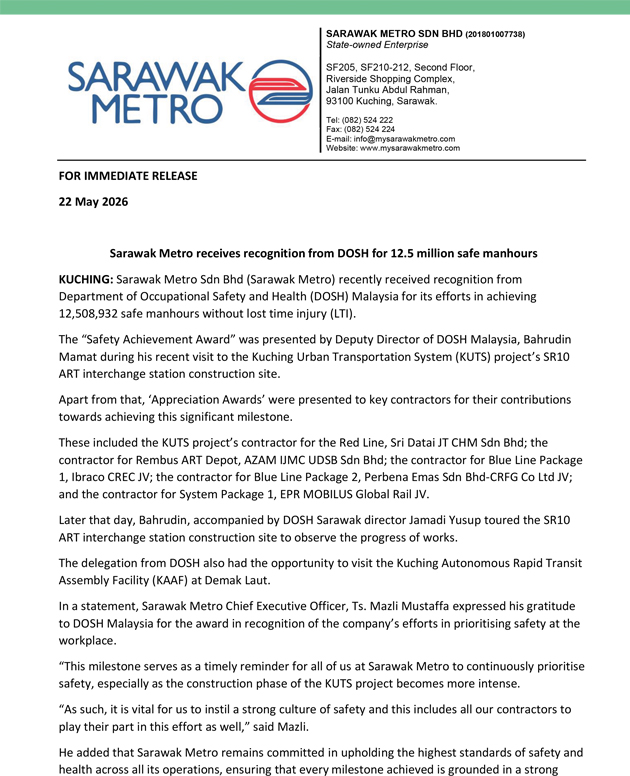 Sarawak Metro receives recognition from DOSH for 12.5 million safe manhours