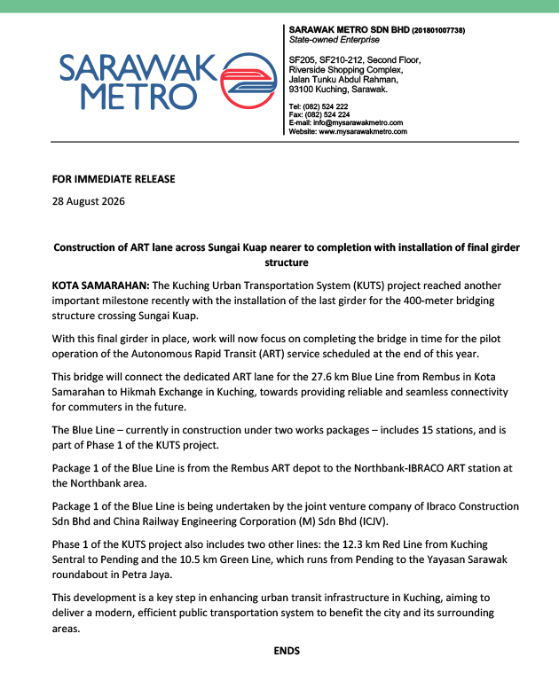 Construction of ART lane across Sungai Kuap nearer to completion with installation of final girder structure