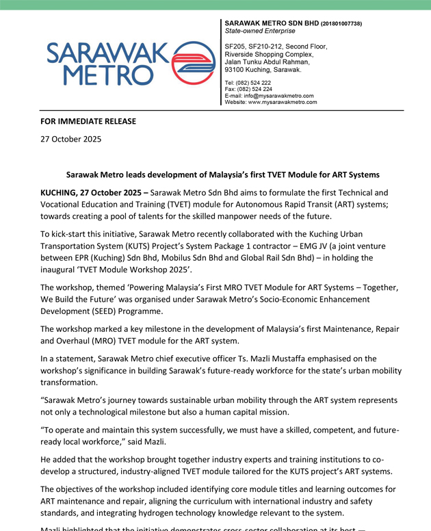 Sarawak Metro leads development of Malaysia’s first TVET Module for ART Systems