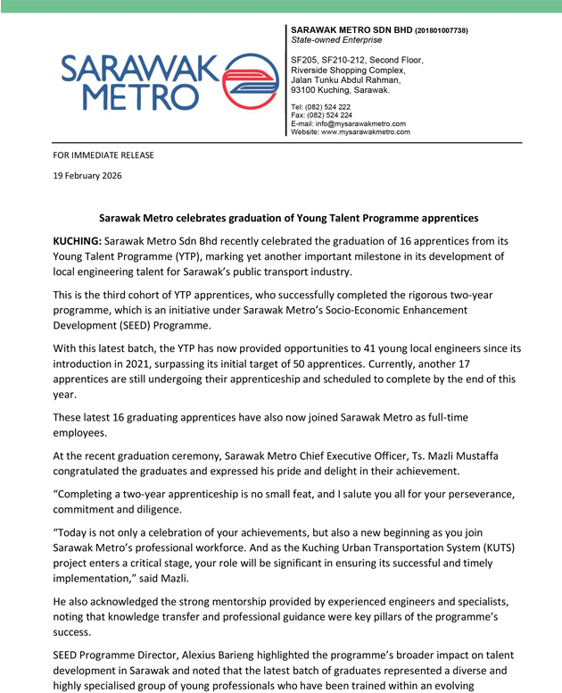 Sarawak Metro celebrates graduation of Young Talent Programme apprentices